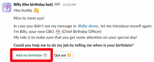 Billy's welcome message with the Add my birthdate button highlighted