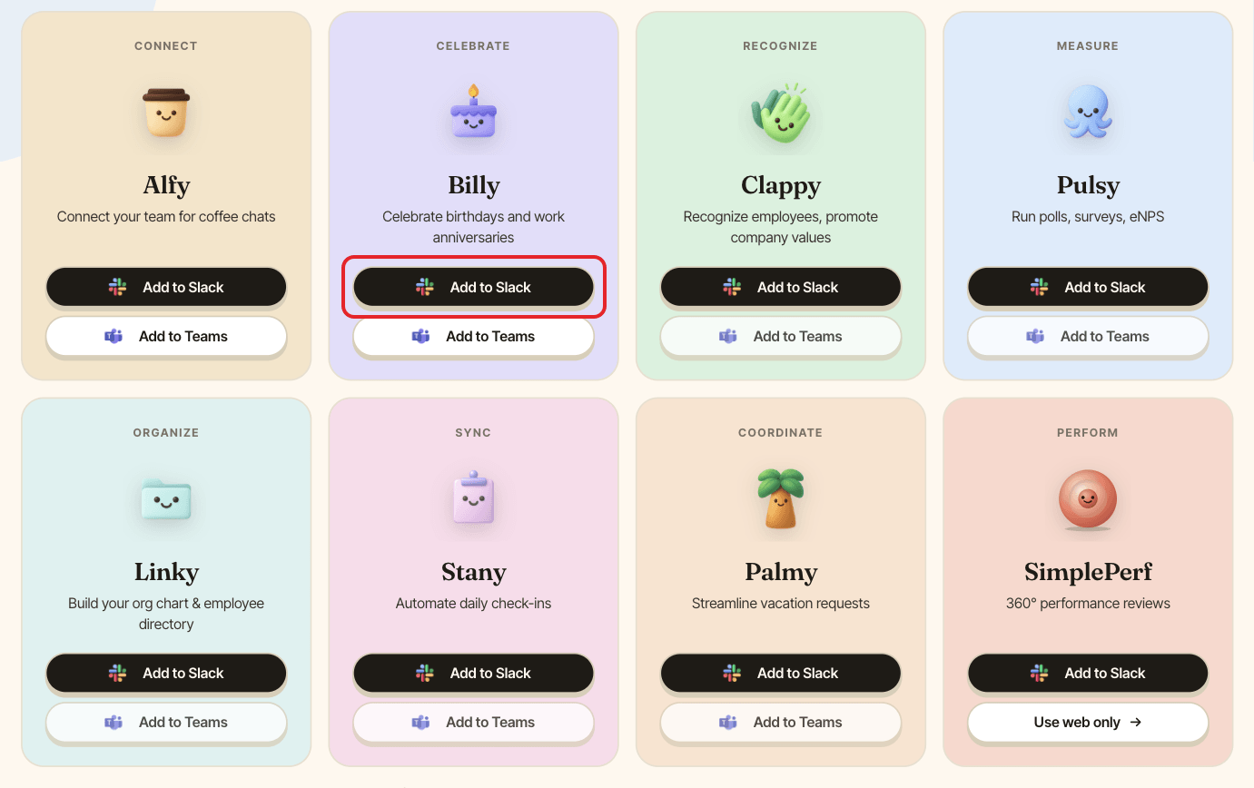 The BuddiesHR Get started page, with Billy's Add to Slack button highlighted