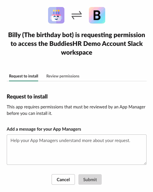 Slack's "Request to install" form for Billy