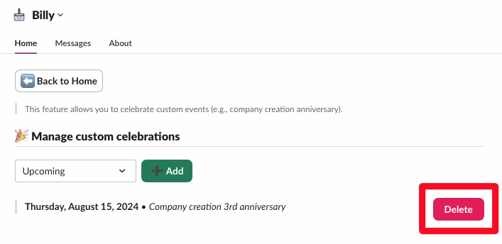 The list of custom celebrations with the Delete button highlighted