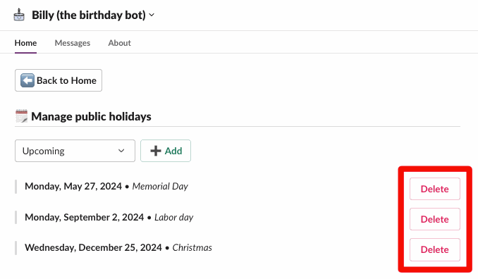 The list of upcoming public holidays with their Delete buttons highlighted