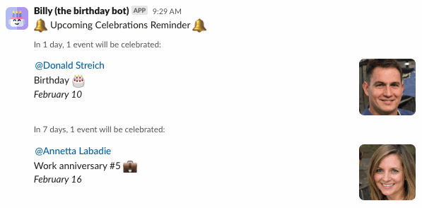 A Billy reminder listing a birthday in 1 day and a work anniversary in 7 days