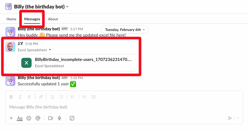 Billy's Messages tab with a previously uploaded Excel file highlighted