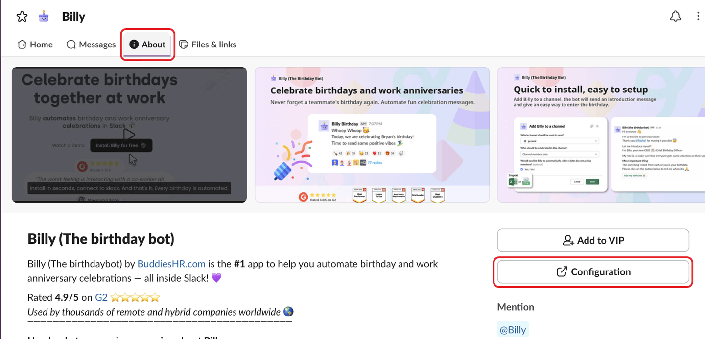 Billy's About tab in Slack, with the Configuration button highlighted
