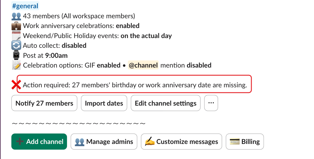 A channel card in Billy's admin settings, with the Action required status line highlighted