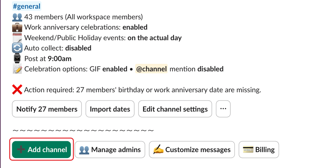 Billy's admin settings, with the Add channel button highlighted