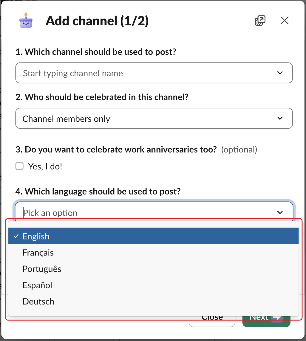 The Add channel (1/2) window, with the language list open and highlighted