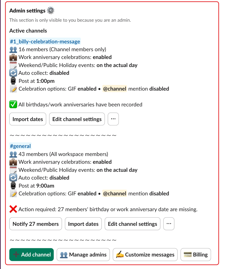 Billy's Home tab, with the Admin settings section highlighted