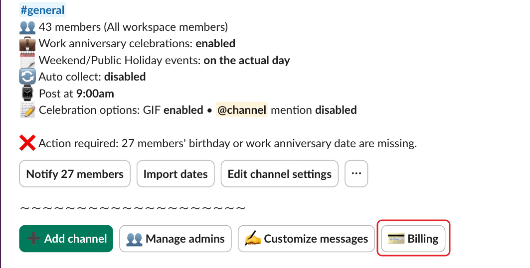 Billy's admin settings, with the Billing button highlighted