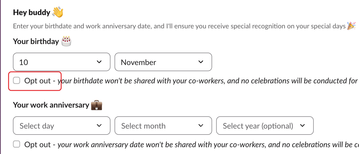 Billy's Home tab, with the Opt out checkbox under Your birthday highlighted