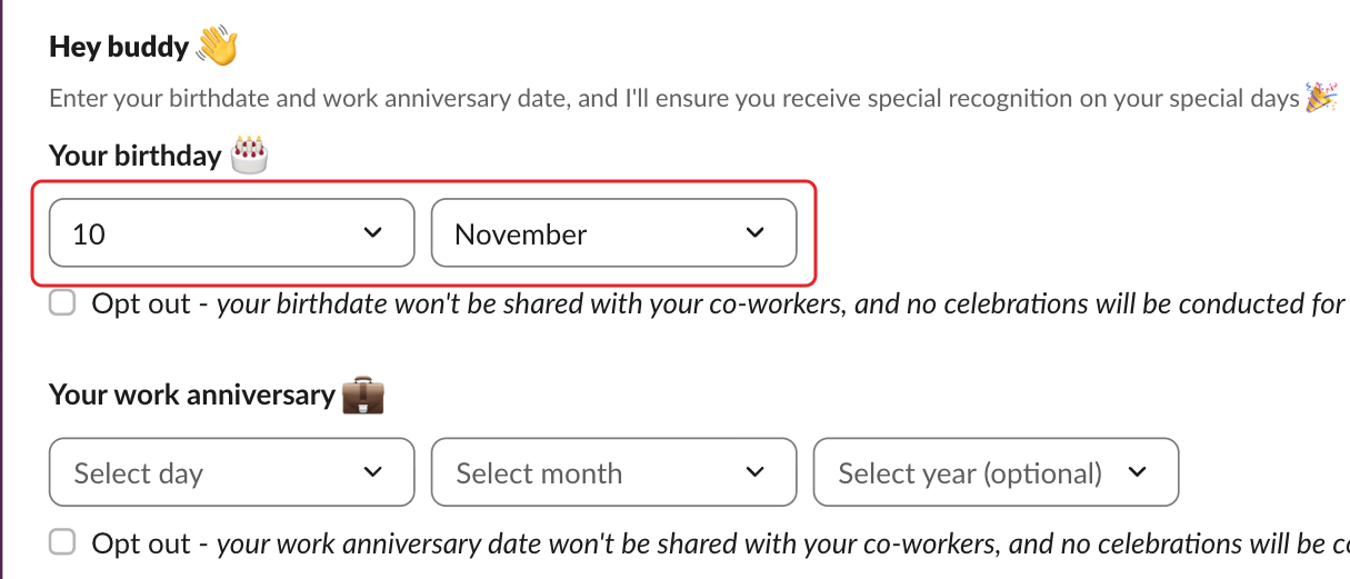 Billy's Home tab, with the birthday day and month selects highlighted