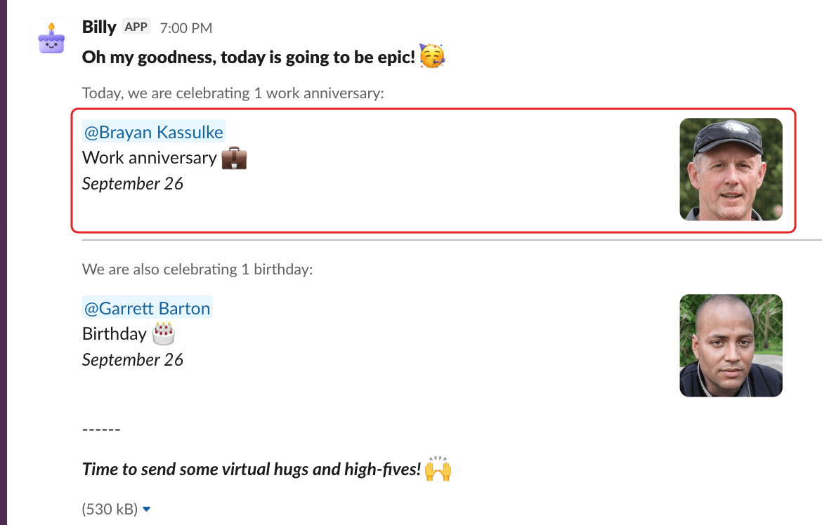 A Formatted celebration post, with one person's name, celebration, date and profile picture highlighted