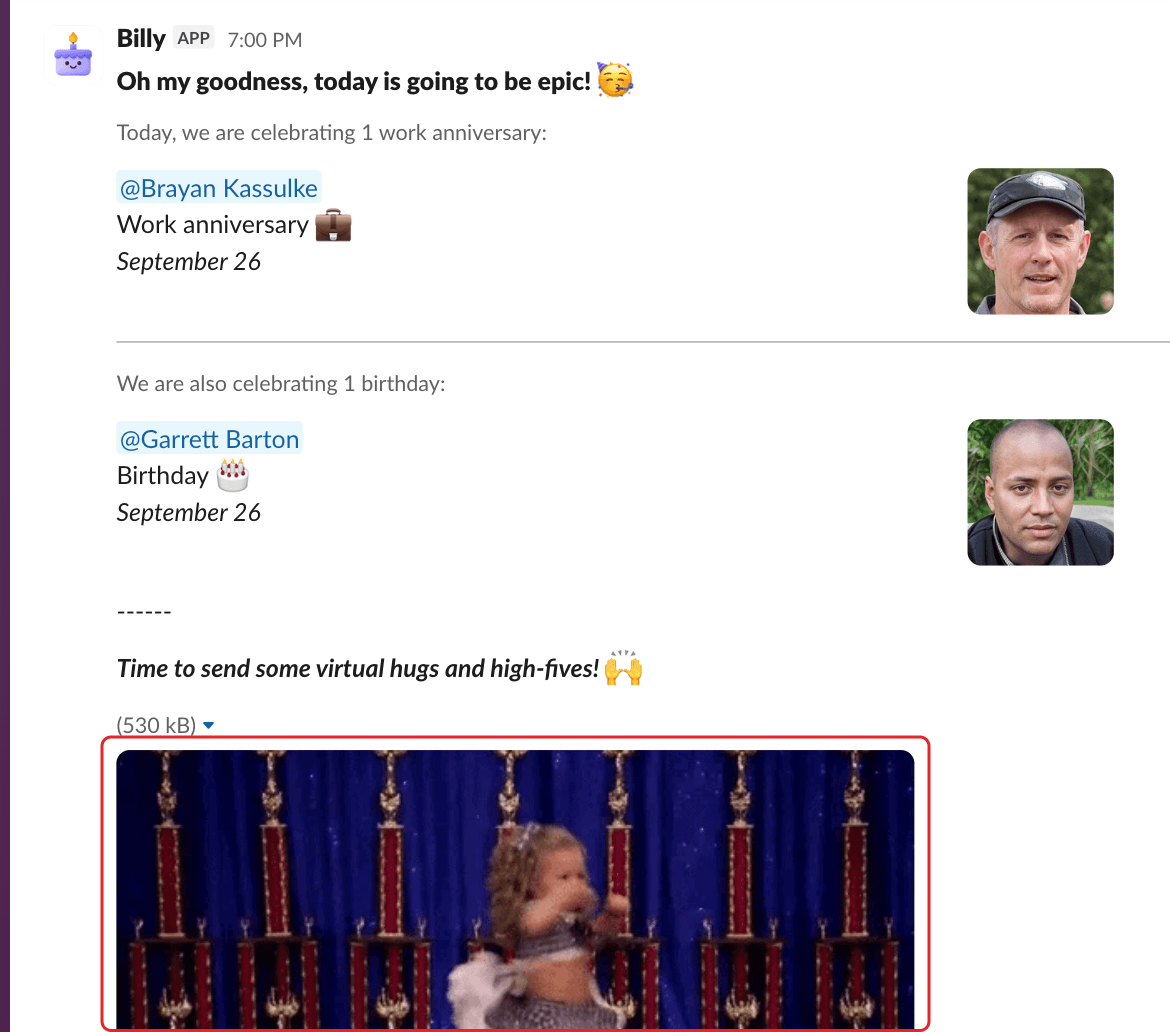 A Billy celebration post in Slack, with the GIF highlighted