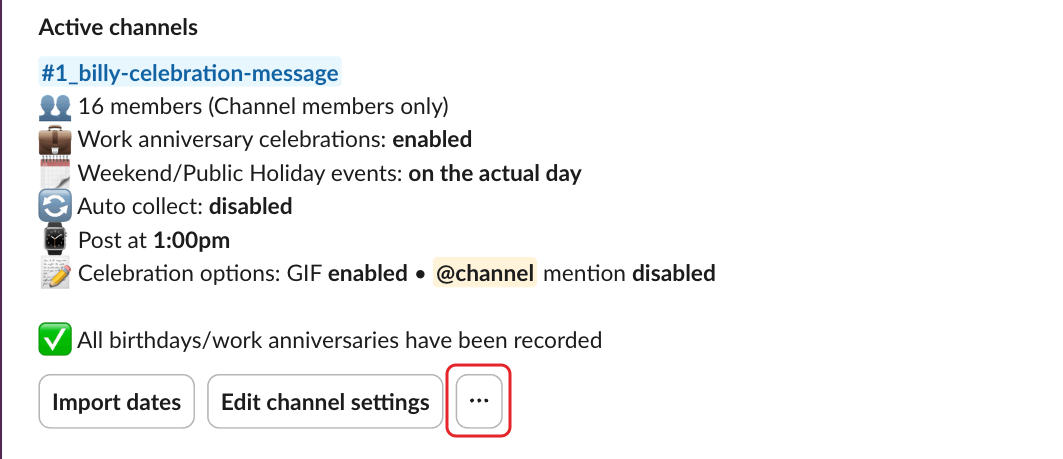 Billy's admin settings, with the channel's ⋯ button highlighted