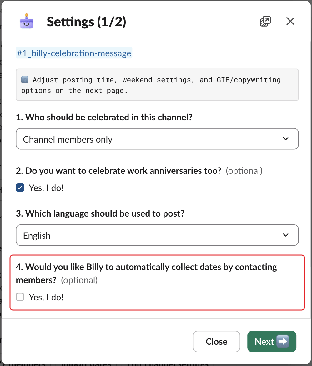 The Settings (1/2) window, with the automatic collection option highlighted