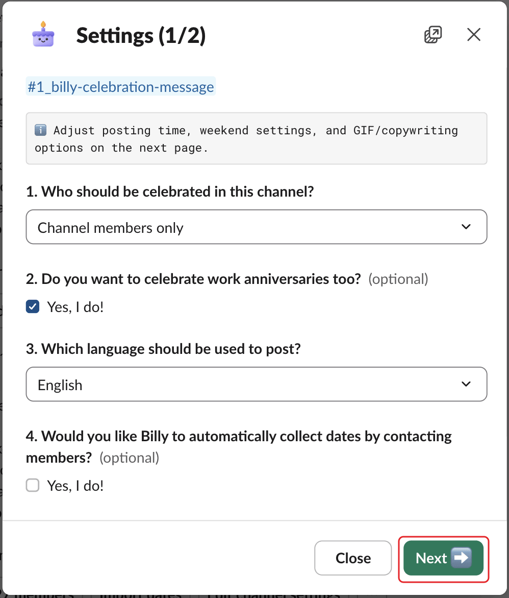 The Settings (1/2) window, with the Next button highlighted