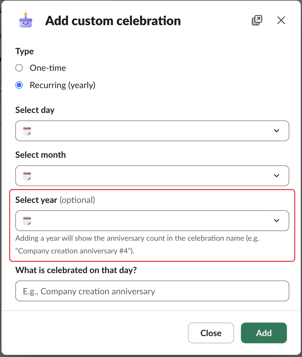 The Add custom celebration window set to Recurring (yearly), with the Select year field and its hint highlighted