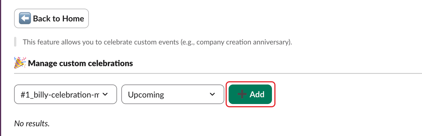The Manage custom celebrations page, with the Add button highlighted
