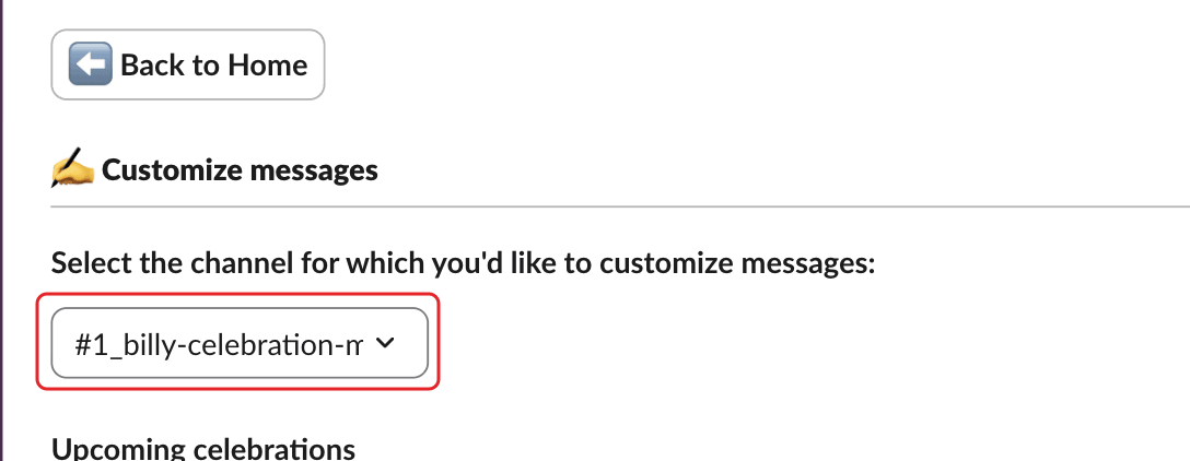 The Customize messages page, with the channel selector highlighted