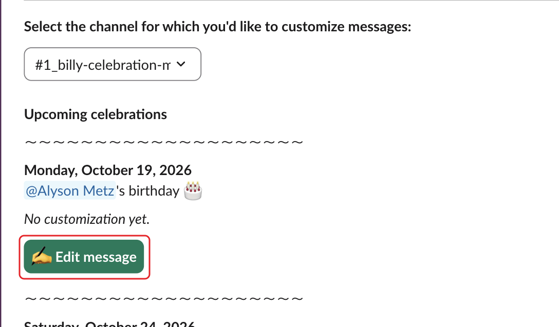 The list of upcoming celebrations, with the first Edit message button highlighted