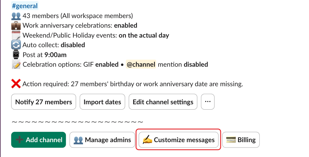 Billy's admin settings, with the Customize messages button highlighted