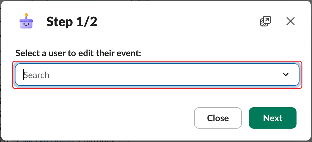 The Step 1/2 window, with the user picker highlighted