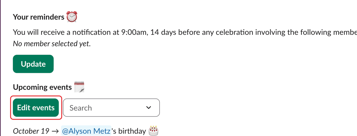 The Upcoming events section of Billy's Home tab, with the Edit events button highlighted