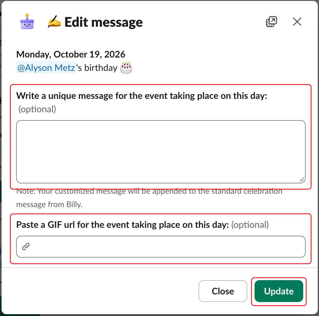 The Edit message window, with the message field, the GIF URL field and the Update button highlighted