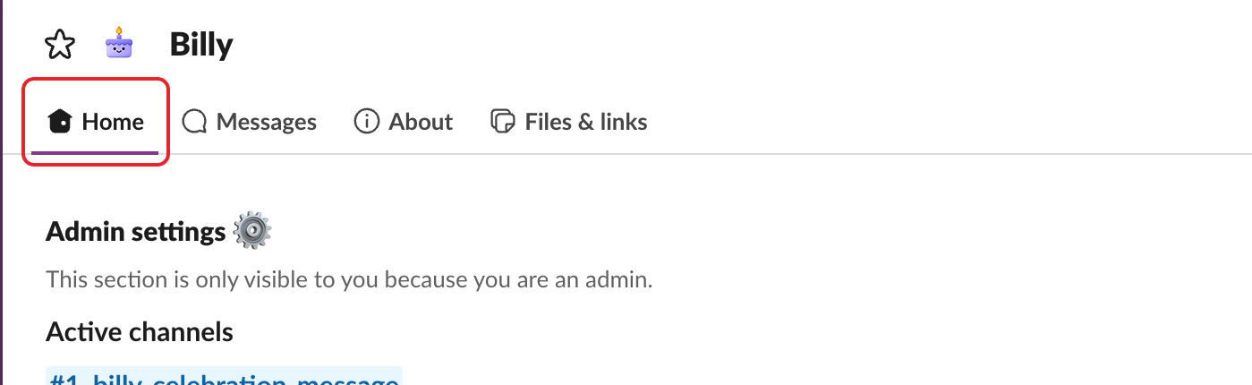Billy's app page in Slack, with the Home tab highlighted