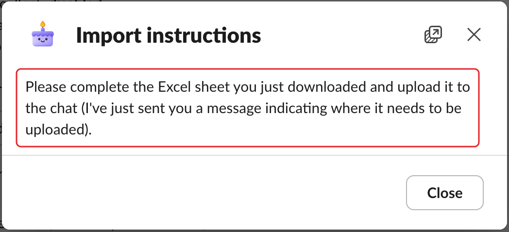 The Import instructions window, with the instructions highlighted