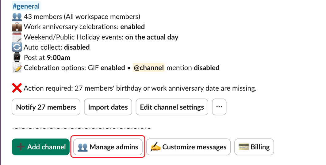 Billy's admin settings, with the Manage admins button highlighted