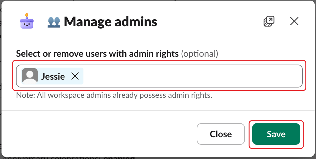 The Manage admins window, with the admin field and the Save button highlighted