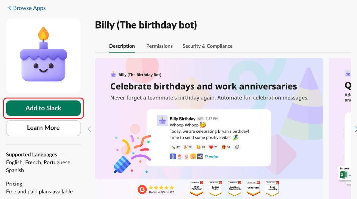 Billy's listing in the Slack Marketplace, with the Add to Slack button highlighted