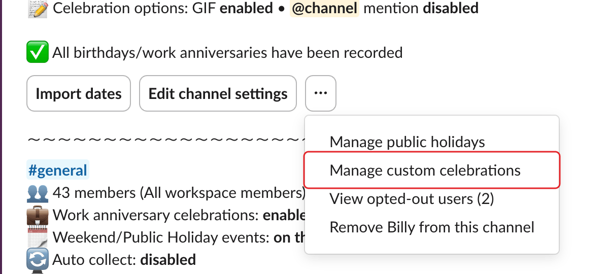 The channel's ⋯ menu, with Manage custom celebrations highlighted