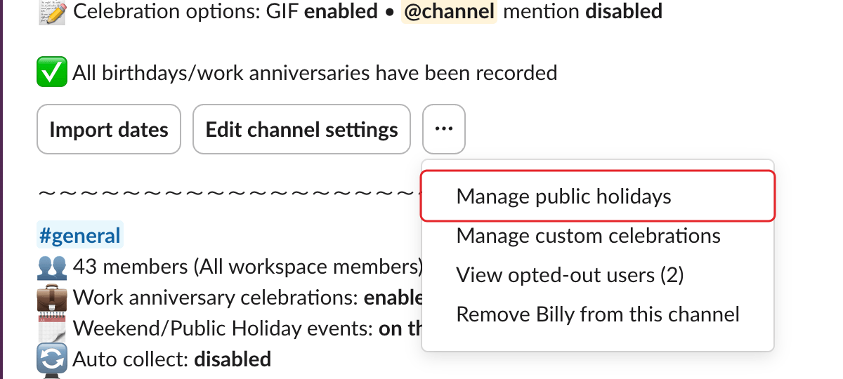 The channel's ⋯ menu, with Manage public holidays highlighted