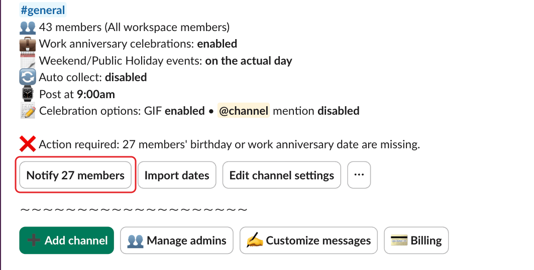 Billy's admin settings, with the Notify 27 members button highlighted