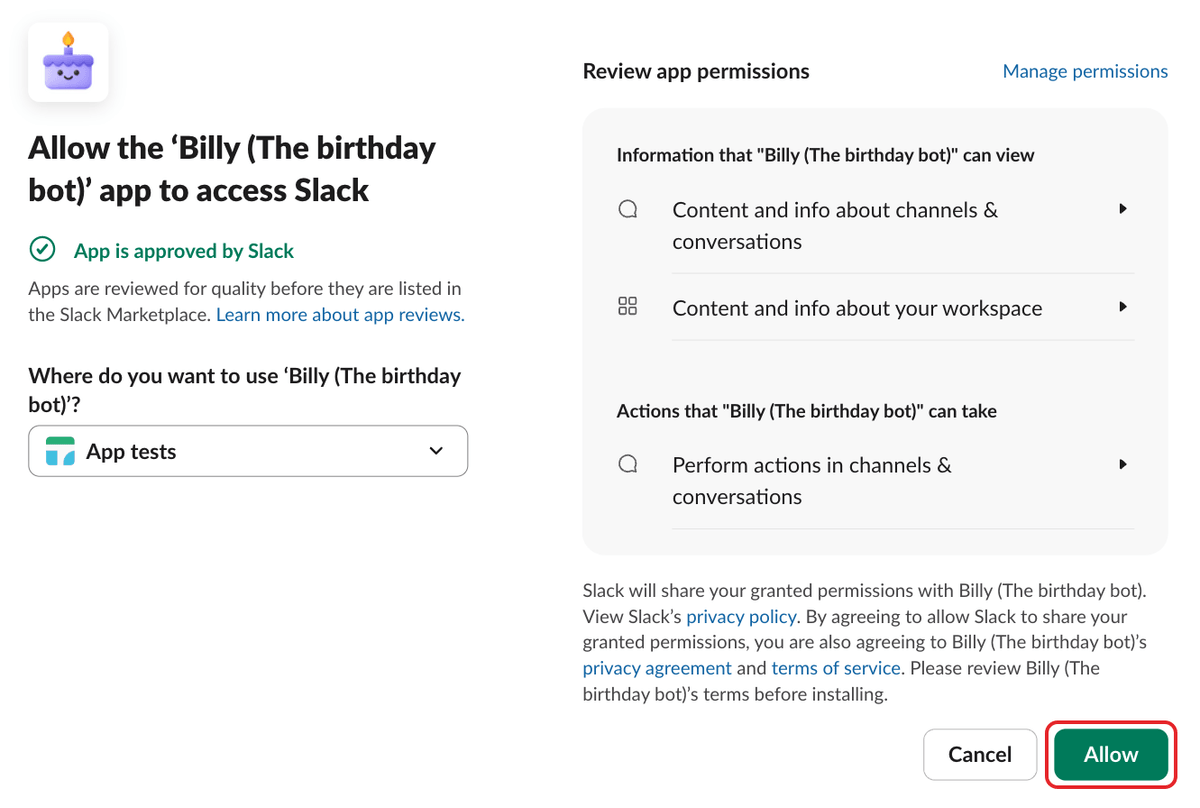 Slack's permission page for Billy, with the Allow button highlighted
