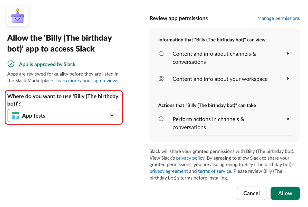 Slack's permission page for Billy, with the workspace dropdown highlighted