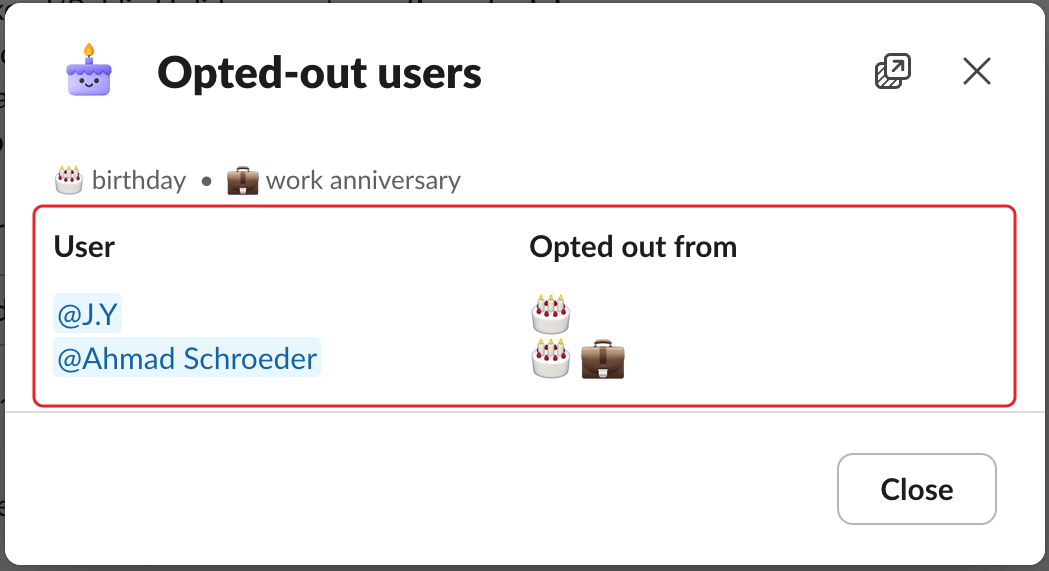 The Opted-out users window, with the list of members highlighted