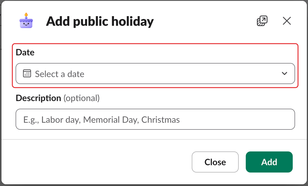 The Add public holiday window, with the Date picker highlighted