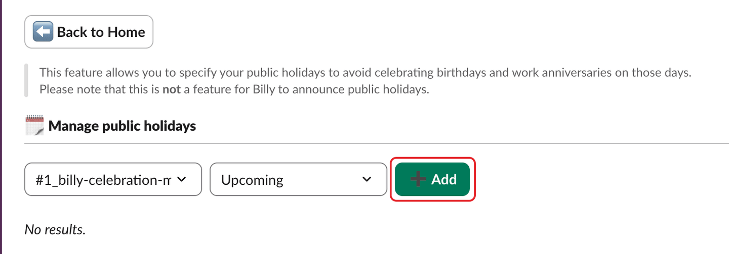 The Manage public holidays page, with the Add button highlighted