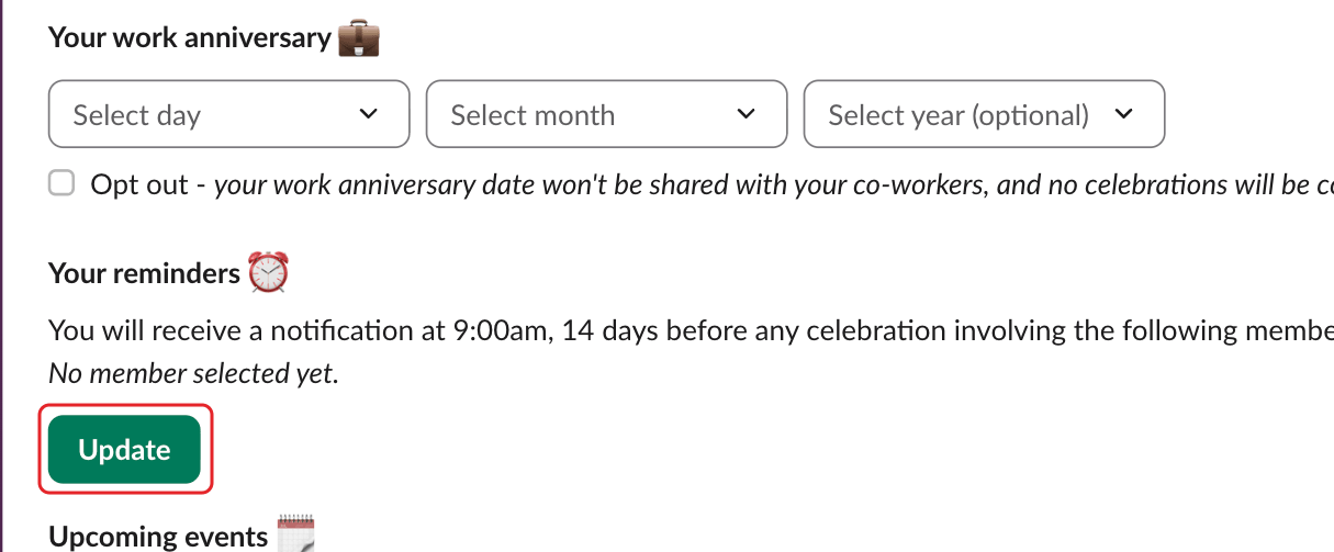 Billy's Home tab, with the Update button under Your reminders highlighted