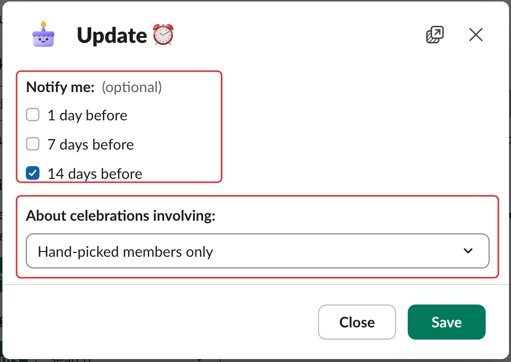 The reminders window, with the Notify me options and the About celebrations involving field highlighted