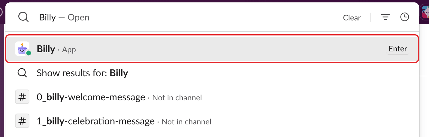 Slack search results for "Billy", with Billy (App) highlighted