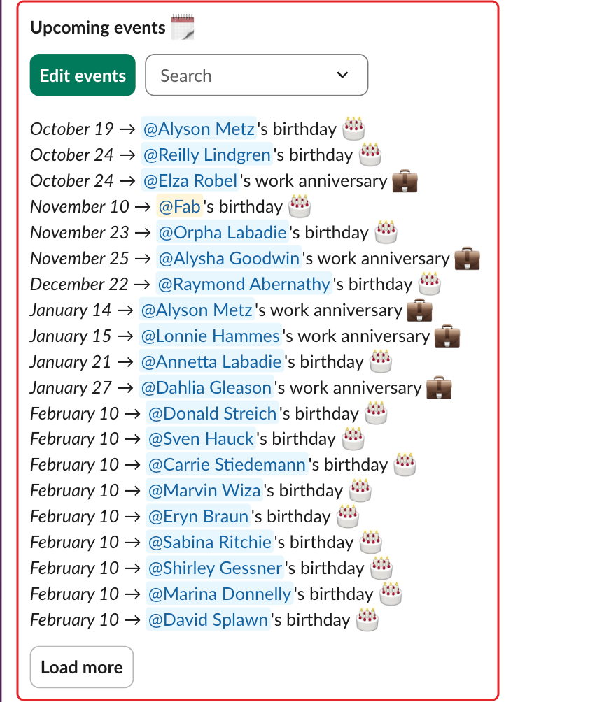 Billy's Home tab, with the Upcoming events section highlighted