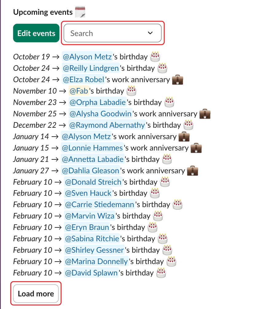 The Upcoming events section, with the Search select and the Load more button highlighted