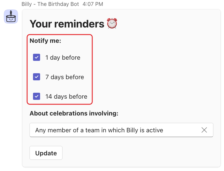 Billy's Your reminders card in Microsoft Teams, with the Notify me checkboxes highlighted