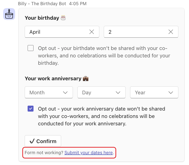 Billy's SetDates card in Microsoft Teams, with the Form not working? Submit your dates here. link highlighted