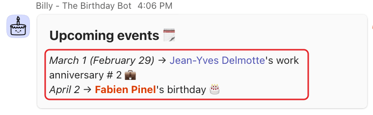 Billy's Upcoming events card in Microsoft Teams, with the list of upcoming birthdays and work anniversaries highlighted