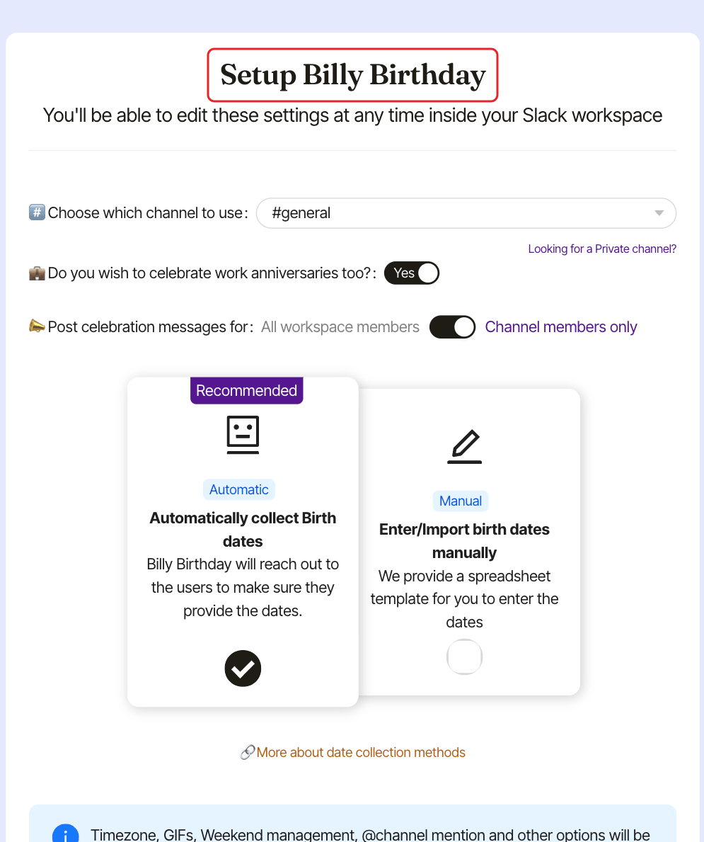 The Setup Billy Birthday page, with its title highlighted